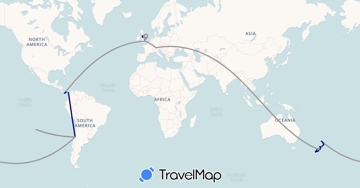 TravelMap itinerary: driving, bus, plane, boat in Austria, Chile, Colombia, United Kingdom, New Zealand, Panama (Europe, North America, Oceania, South America)